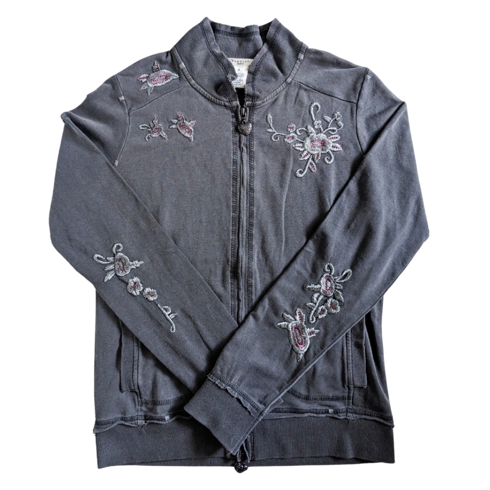 VERTIGO PARIS Floral Embroidered Embellished Distressed Zip-Up Jacket Gray SMALL